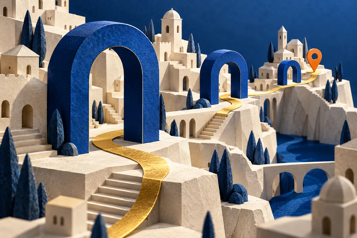 Un chemin doré traverse trois arches bleues dans une ville de papier jusqu’à un repère orange.