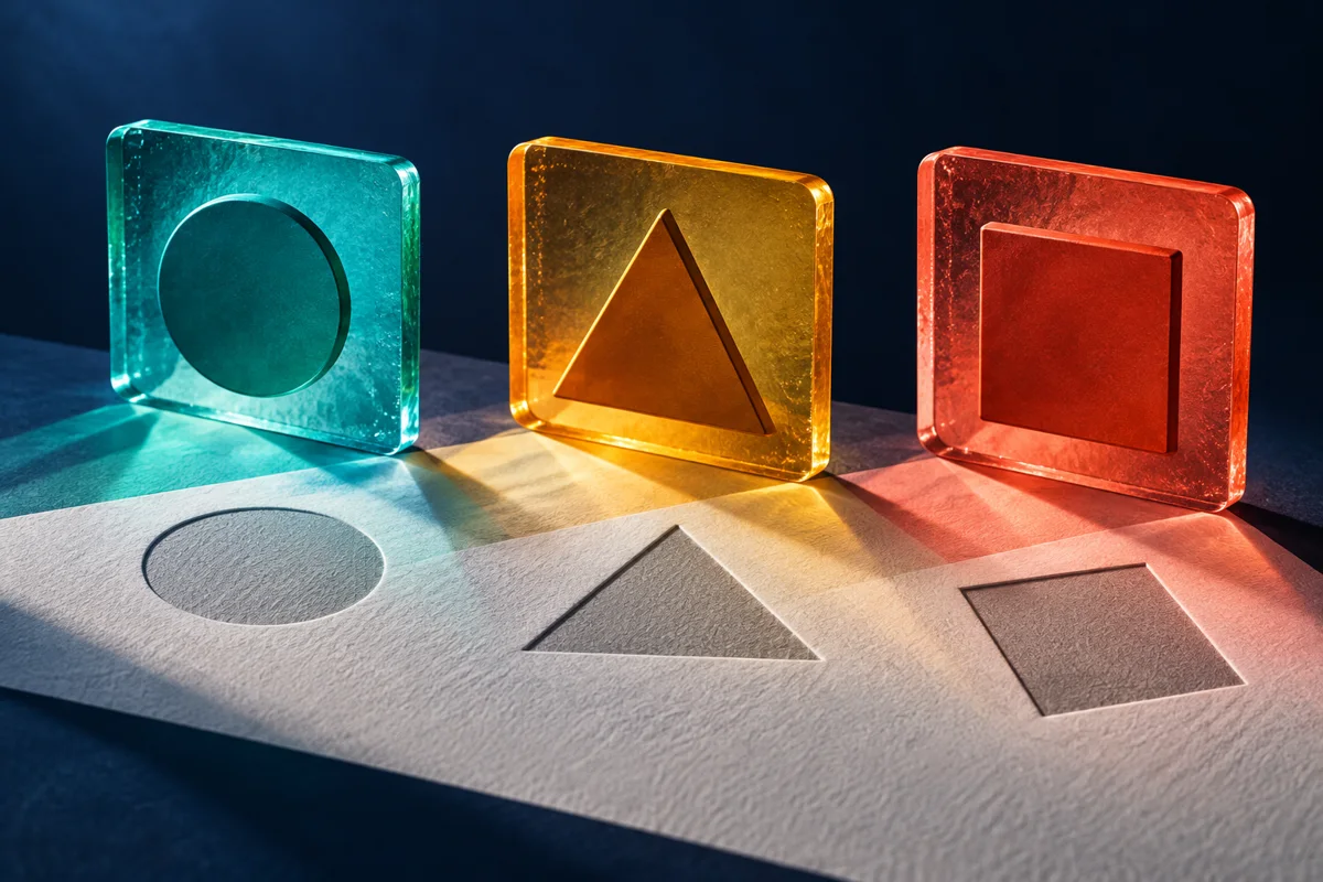 Trois plaques de verre coloré portent un cercle, un triangle et un carré, reproduits dans du papier monochrome.