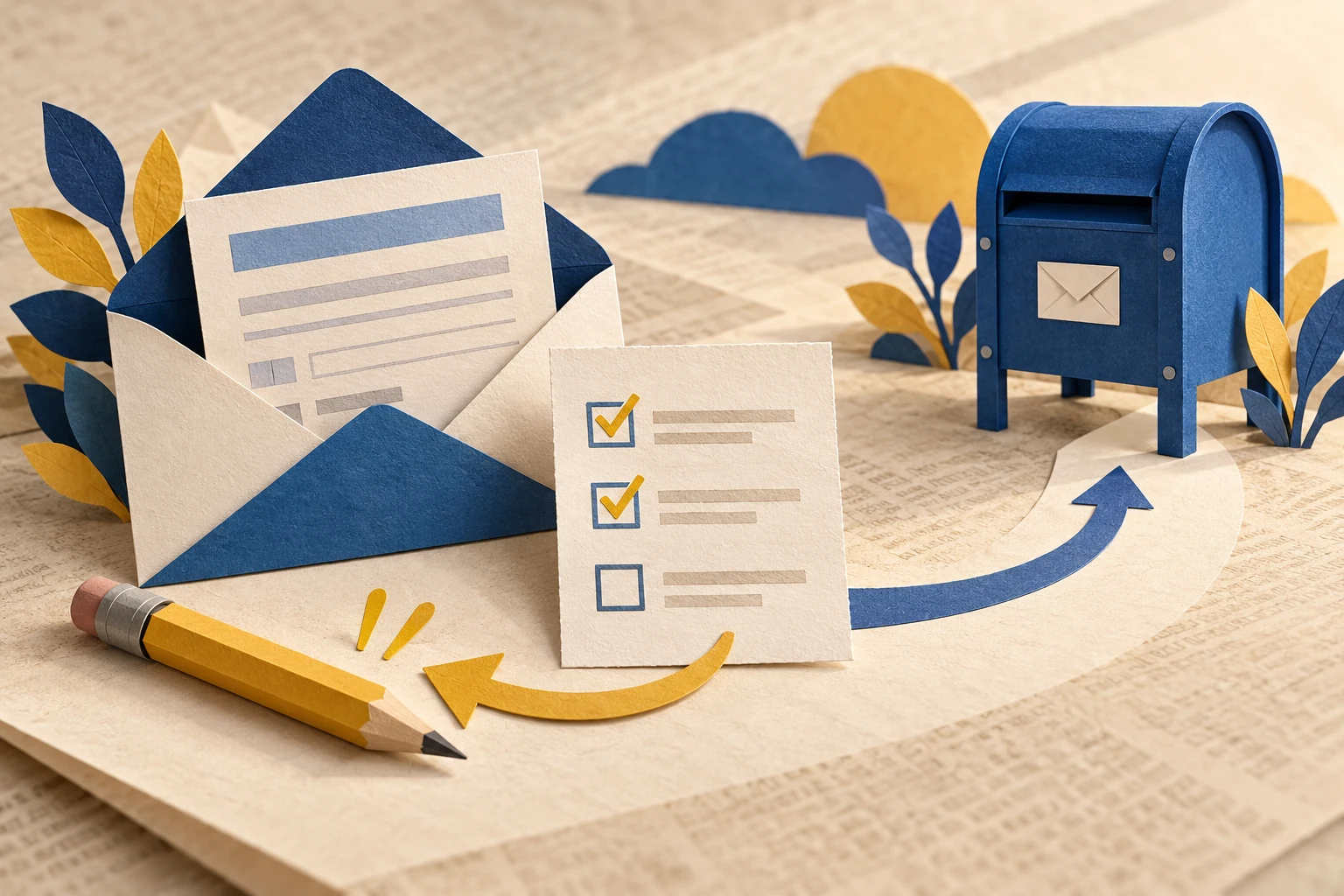Conceptual paper envelope paused beside a checklist and a correction arrow before a blue mailbox.