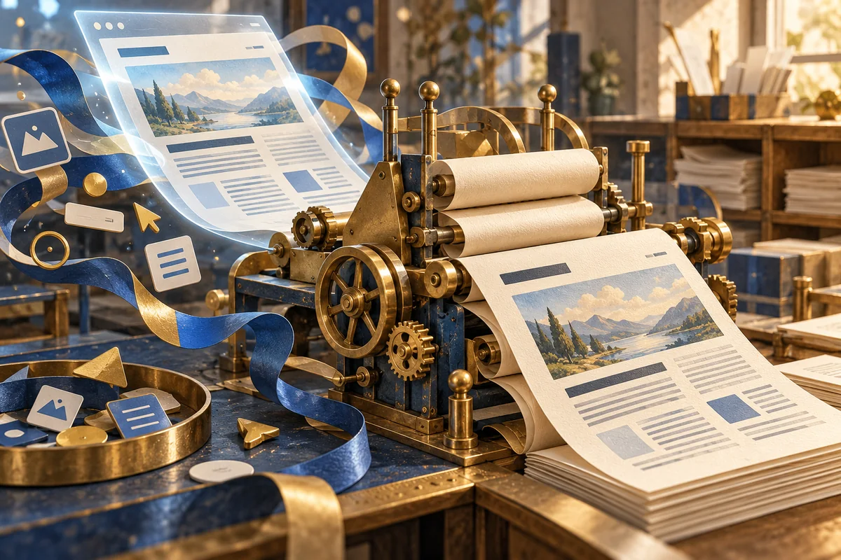 Originelle konzeptionelle Illustration: Ein leuchtendes Website-Blatt durchläuft eine Papierfaltwerkstatt und wird zu einem übersichtlichen gedruckten Dokument, während dekorative Bänder beiseitebleiben.