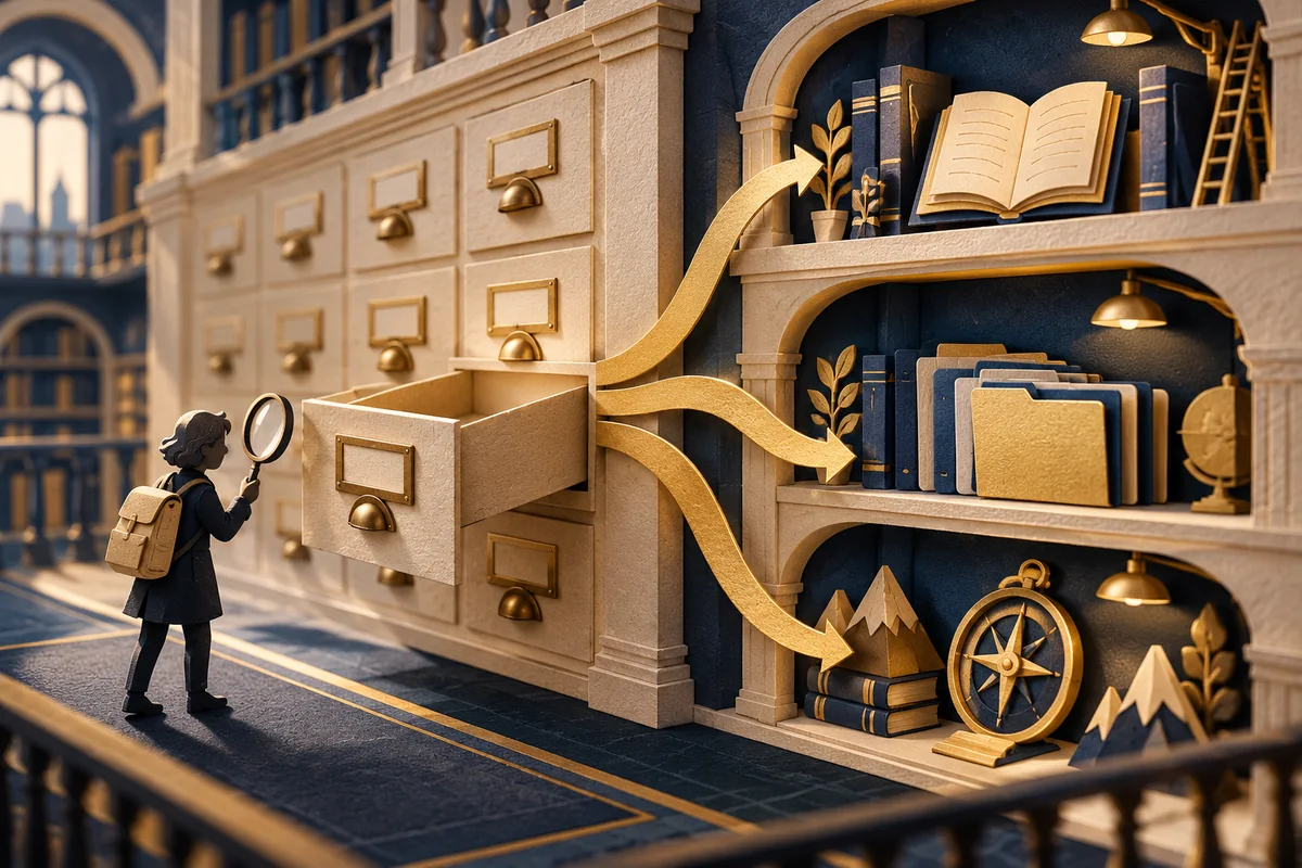 Una biblioteca de papel conceptual: una persona junto a un cajón vacío del catálogo ve caminos dorados que llevan a otras secciones.