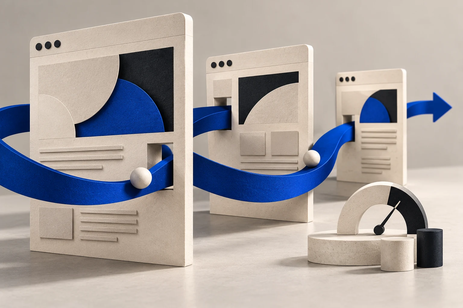 Una ruta azul conecta varias ventanas abstractas de navegador sobre papel claro.