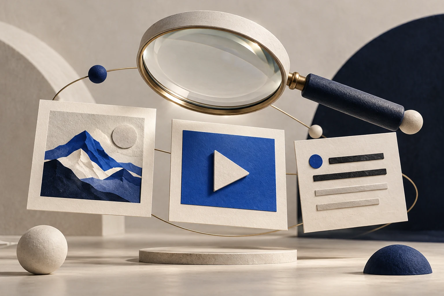 Una lente de búsqueda azul flota sobre tarjetas abstractas de imágenes, vídeos y texto.